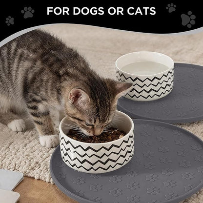 Comtim Waterproof Dog Food Mat - 2 Pack Silicone Pet Food Mat Dog Food Bowl Mats Cat Water Mats Eating Tray, Non-Slip Pet Placemat with Lip for Messy Drinkers to Protect Floor,Dark Grey 11"×11"
