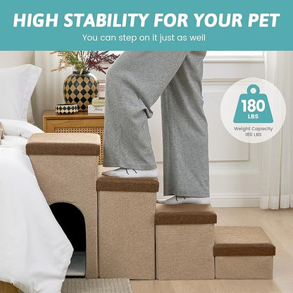 Dog Stairs with Storage, 3-Step Wider Sturdy Dog Steps for Small/Medium/Large Dogs and Older Cats, Doggie Ramp with Condo for Bed/Couch/Car Hold Up to 180 lbs (17.7" H, Brown)