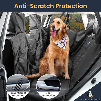 Happy Howls Dog Car Seat Cover - Waterproof Back Seat Cover for Dogs - Headrest & Door Panel Protector - 1100D Fabric with Mesh Window, Zippered Side Flaps, Non-Slip Bottom - 55x67, Universal Fit