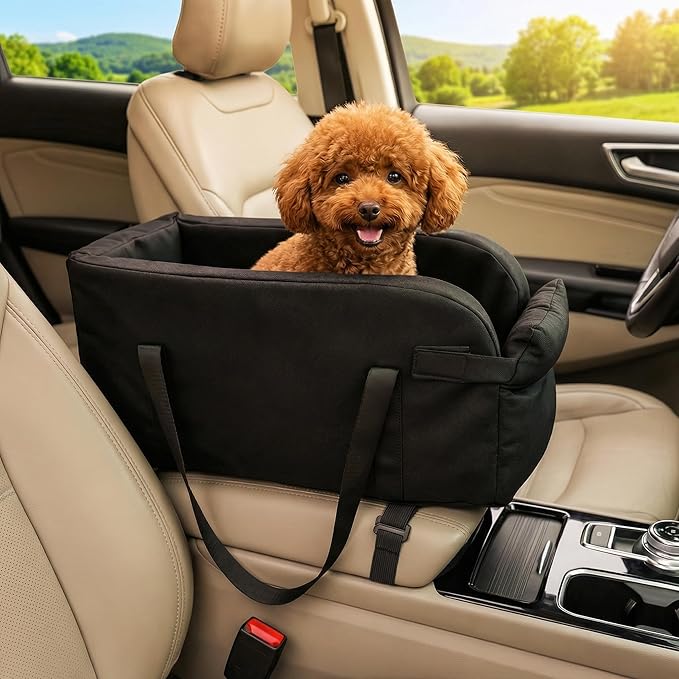 Waterproof Faux Leather Center Console Dog Car Seat, 2-in-1 Portable Puppy Carrier & Armrest Booster Seat for Small Dogs, Easy-to-Clean Tech Fabric, Sturdy Cushioned, Anti-Collapse Walls, Under 11 lbs