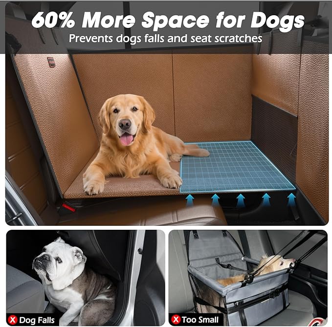 FURTIME XL Dog Car Seat, Upgraded PU Leather Back Seat Extender with Hard Bottom, Waterproof Pet Car Seat Cover for Large Medium Sized Dog, Pet Hammock for Cars, SUVs, Trucks, Brown
