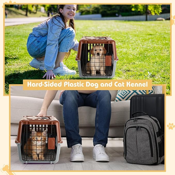 2 Set Travel Pet Carriers for Small Cat Dog Plastic Hard Shell Carrier Cat with Bowl Wire Door Grille Mat Portable Breathable Security Lock Puppy Kennel for Travel Airline, 17.5", up to 13lbs(Brown)