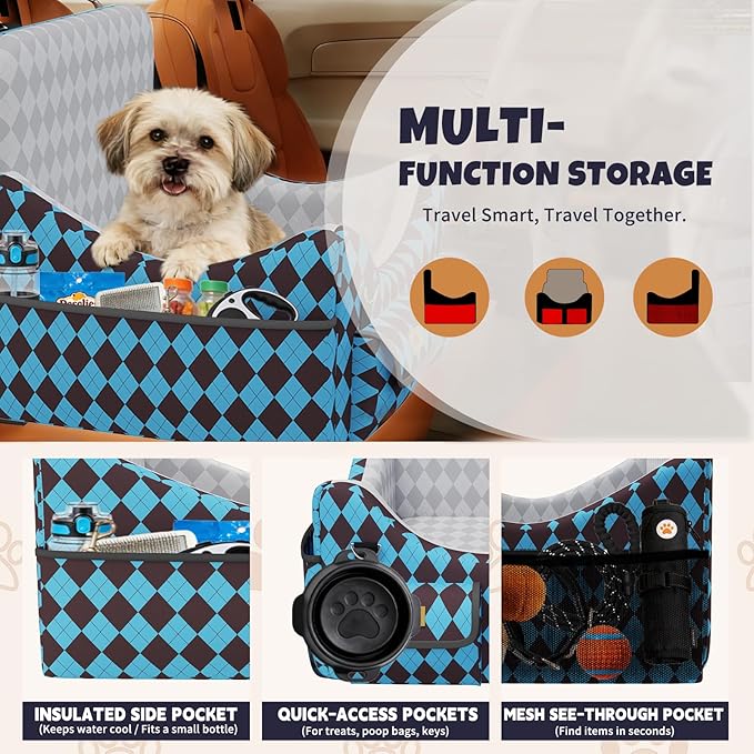 Dog Car Seat for Small/Medium Dogs up to 35lbs, 4-Pocket Storage Memory Foam Dog Booster Seat, Detachable Washable Pet Car Seat with Safety Belt, Outdoor & Indoor Use (Light Blue/Coffee)