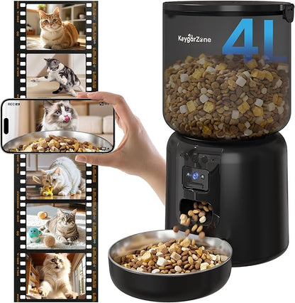 Fansafurn Automatic Cat Feeder with 2K HD Camera, Automatic Dog Feeder with App Control via 2.4G/5G WiFi, Dual Power System & Voice Recording, 4L Food Dispenser for Cats and Small Dogs, Black