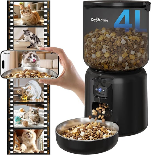 Fansafurn Automatic Cat Feeder with 2K HD Camera, Automatic Dog Feeder with App Control via 2.4G/5G WiFi, Dual Power System & Voice Recording, 4L Food Dispenser for Cats and Small Dogs, Black