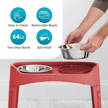 IRIS USA Adjustable Elevated Dog Bowls, Raised Feeder with 2 Stainless Steel 64 oz Bowls, Spill-Guard Rim, 12.25" or 4.63" Heights, Durable Plastic, Made in USA, Red