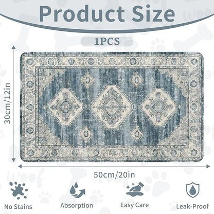Pet Dog Cat Food Mat, Non Slip Bowl Mats for Food and Water, Absorbent Boho Dogs Cat Feeding Mat Puppy Pet Placemats for Floors Indoor Pets Accessories Supplies 12 * 20 inch, Retro Blue