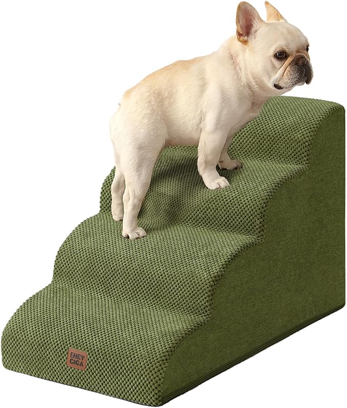 EHEYCIGA Curved Dog Stairs Ramp for High Beds 19.7" H, 4-Step Dog Steps for Small Dogs and Cats, Pet Stairs for High Bed Climbing, Non-Slip Balanced Pet Step Indoor, Olive Green