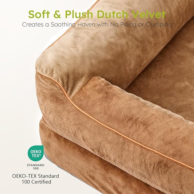 Dog Beds for Large Dogs, Orthopedic Dog Bed with Cooling Gel Memory Foam, Waterproof Large Pet Bed with Removable Washable Cover, 36" Pet Sofa Couch Dutch Velvet with Bone Toy, Brown