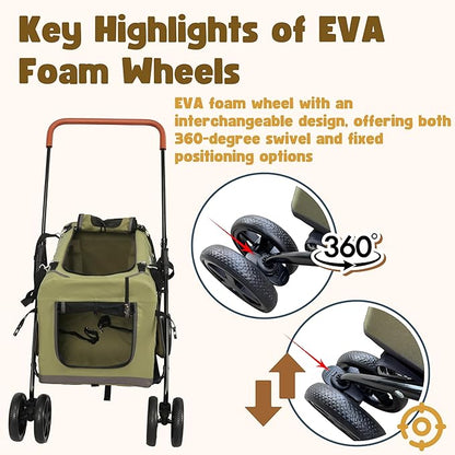 Pet Stroller Foldable Travel Crate for Small and Medium Dog and Cat, Portable Pet Travel Carrier, Pet Jogger with Detach Carrier