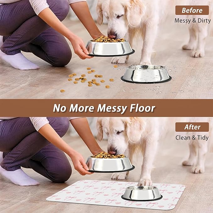 Cute Pink Bow Dog Food Mat for Floors,Heart Absorbent Pet Food and Water Bowl Mats,Non-Slip Pet Feeding Mat,Pet Supplies 12" x 20"