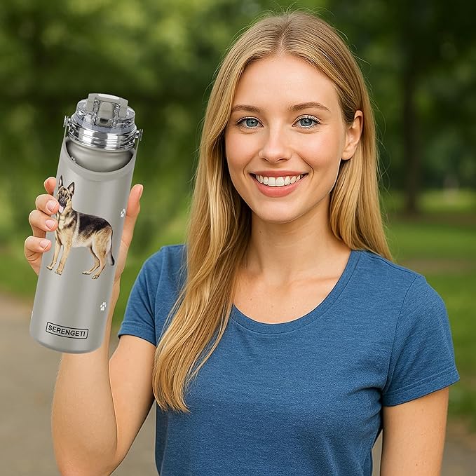 SERENGETI 24 Oz Water Bottle Stainless Steel with Spill Proof Lid - Double walled Vacuum Insulated water flask - Realistic 3D Print of your favorite dog (German Shepherd)