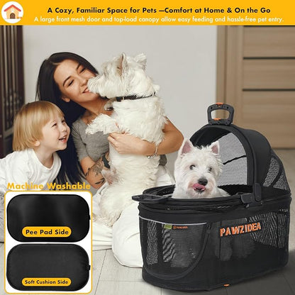 PAWZIDEA Portable Small Dog Crate for Car Travel up to 33lb, Enclosed Dog Car Seat Soft-Sided, Escape-Proof Reversible No-Zip Canopy, Foldable Pet Carrier Seatbelt for Small Medium Puppy & Cats Kennel