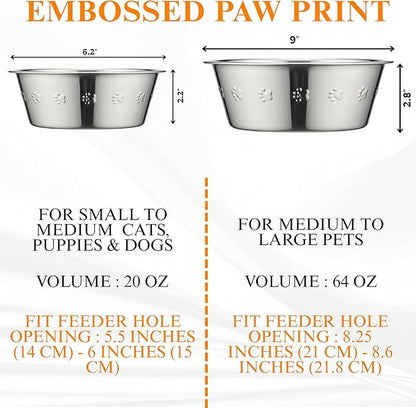 Stainless Steel Dog Bowls Set, 2 Pack for Replacement Dogs Bowl Stand, 8 Cups, 9 Inch Outer Diameter ~ Water Bowl for Raised Feeder with Opening 8.25" - 8.6" (Embossed)