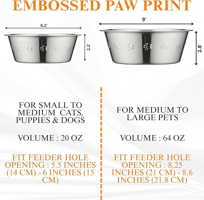 2-Pack Stainless Steel Dog and Cat Bowls Replacement Embossed Bowl 6.1" Diameter, 2.2" Height (Small, Dishwasher Safe)