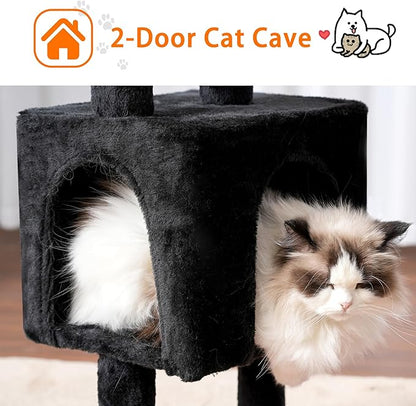 Heybly Cat Tree, 39.4 Inches Gothic Tower Condo with Scratching Post, Cat Tower for Indoor Cats, Fully Wrapped Sisal Pole, Soft Platform, 2 Baskets and Dangling Toy, Black and Red HCT006SBR
