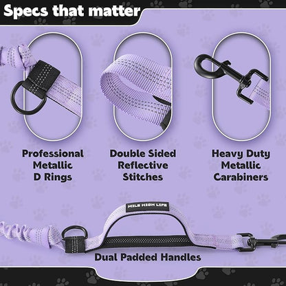 Mile High Life Hands Free Waist Leash for Dog Running Training and Jogging, Adjustable Belt with Double Handle, Reflective Bungee for Medium Large Dogs (Light Purple, 7FT)