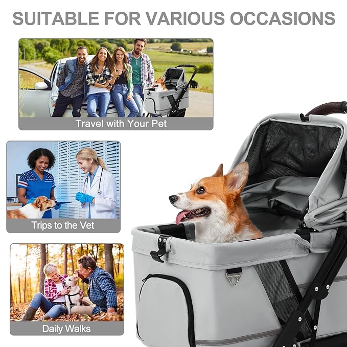 NO-Zip Pet Stroller for Small Dogs & Cats, Lightweight Dog Stroller with Reflective Safety Strips, One-Hand Fold, Claw-Proof Mesh, Breathable Travel Carriage, 33lbs Capacity, Gray