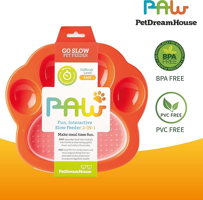 PetDreamHouse PAW 2-in-1 Mini Slow Feeder Dish & Lick Pad for Small Dogs, Puppies & Cats, Paw-Shaped Slow Feeding Dish with an Interchangeable PAW Lick Pad., Orange, 1 Count (Pack of 1)