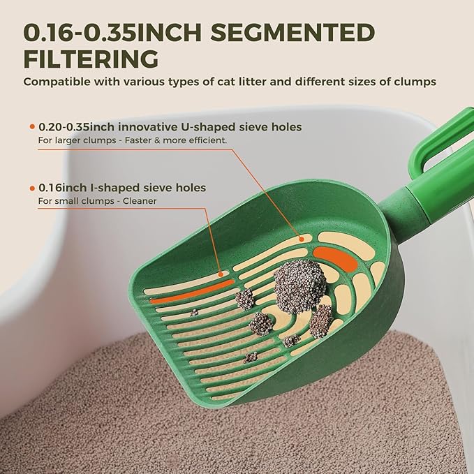 Cactus Cat Litter Scooper with Holder - 3 Rolls of Trash Bags, Wheat Straw Plastic Shovel & ABS Handle and Box - Cat Litter Scoop with Bag - Premium Kitty Litter Scoop Green