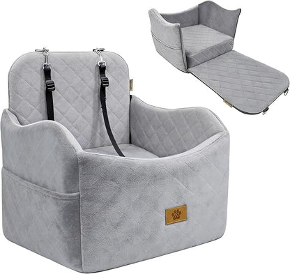 Dog Car Seat for Small/Medium Dogs Up to 35 lbs, 2-in-1 Pet Car Seat with Memory Foam, Machine Washable Dog Bed for Cars, Non-Slip Pet Booster Carseat with Safety Leashes, Storage Pockets (Grey)