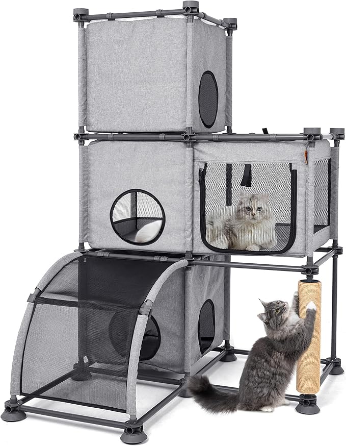 Large Cat Hamock Bed with Scratching Post – Multi-Level Cat Tree with House Condos & Ladder for Indoor/Outdoor Use+Grey/Three-Tier