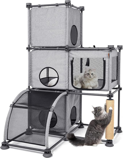 Large Cat Hamock Bed with Scratching Post – Multi-Level Cat Tree with House Condos & Ladder for Indoor/Outdoor Use+Grey/Three-Tier