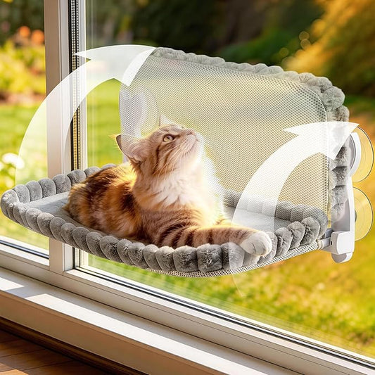 Cat Window Perch - Cordless Foldable Double-Sided Cat Hammock with Metal Frame, Machine Washable Bed for Large Cats & Kittens to Sunbathe Safely-Gray