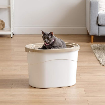 IRIS USA Large Top Entry Cat Litter Box with Lid Enclosed Covered Hooded Design Litter Catching Scatter Shield Pan Dog Proof Pet Proof Scoop Included Odor Control for Indoor Cats Kittens White/Beige