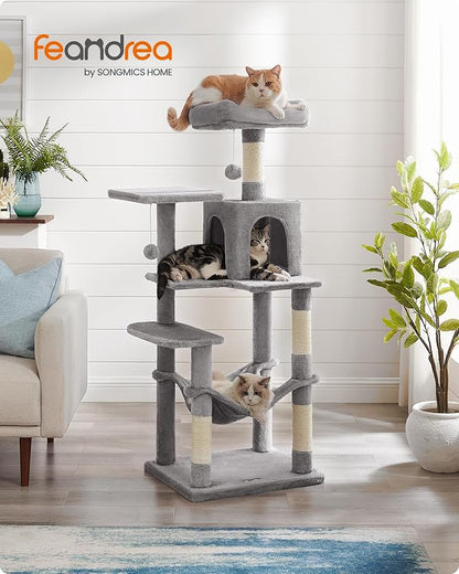 Feandrea Cat Tree, 55.1-Inch Cat Tower, Plush Multi-Level Condo with 4 Scratching Posts, 2 Perches, Hammock, Cave, Light Gray UPCT161W01