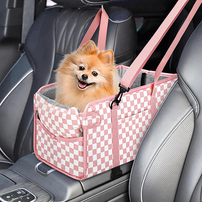 Portable Dog Car Seat for Small Dogs - Pet Booster Seat with Safety Leash & Anti-Collapse Design, Washable Cushion - Center Console Car Travel Carrier for Pets Up to 12 lbs, Pink Checkered