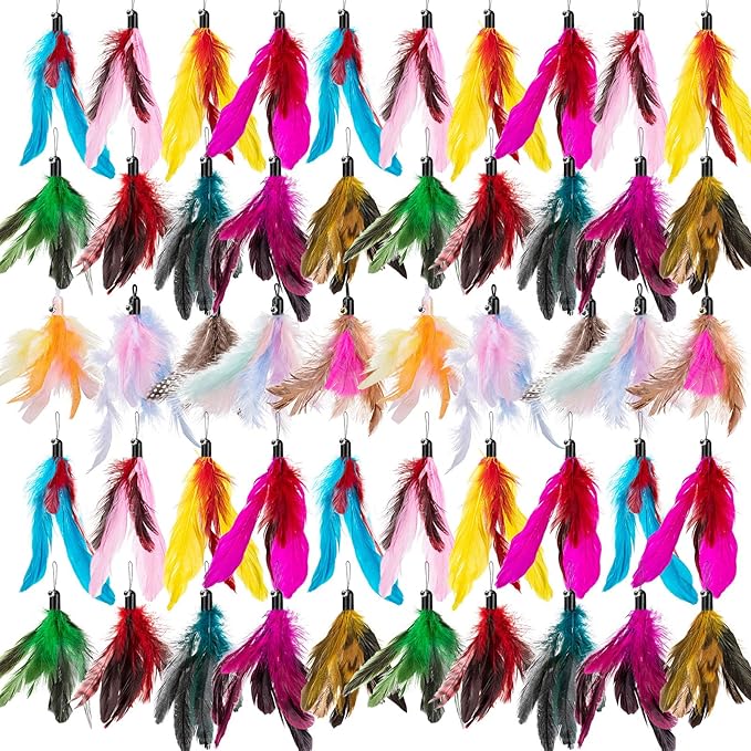 Leitee 50 Pcs Cat Feather Toys Bulk Refills Cat Wand Replacement Feathers Toy Interactive for Indoor Cats Kitten Worm Toy for Cats (Vibrant Color,Classic Style)