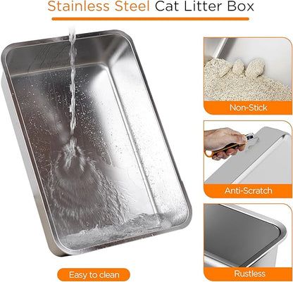 Anywish Stainless Steel Cat Litter Box with Lid, XL Extra Large Enclosed Removable Metal Litter Box with Litter Scoop&Double Layer Litter Mat, Non-Sticky, Non-Odor, for Big Cats Dark Grey