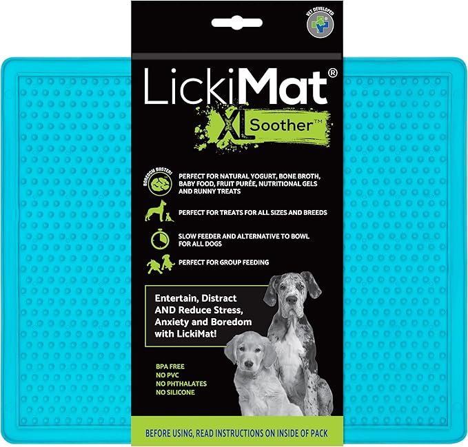 LickiMat X Large Breed Soother Dog Lick Mat Dog Calmer Slow Feeder, Anxiety Reliever Alternative to Puzzle Toys, Slow Feeding Bowls. Use Peanut Butter, Wet, Raw, Mixed Food, Healthy Treats - Turquoise