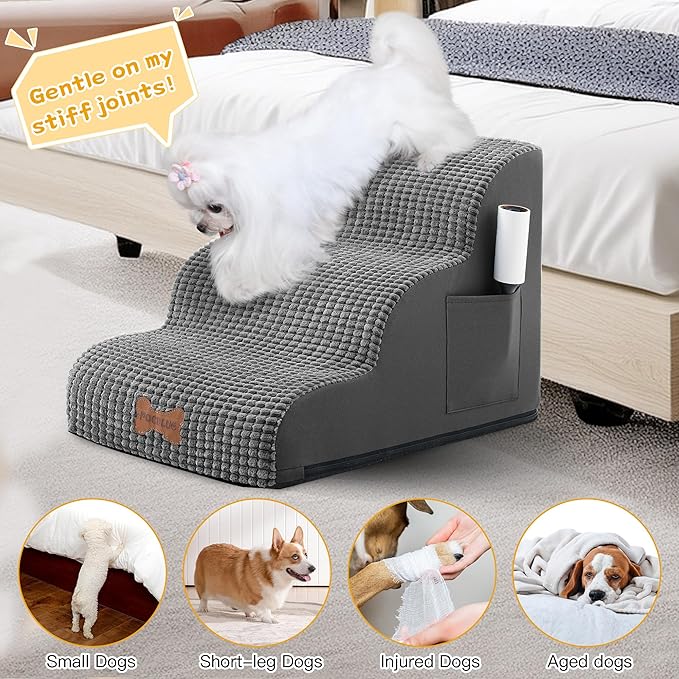 Dog Stairs for Small Dogs, Wide Pet Step with Removable Cover, No Assembly High Density Foam Cat Ramp for Bed or Sofa, 3-Step, Dark Grey