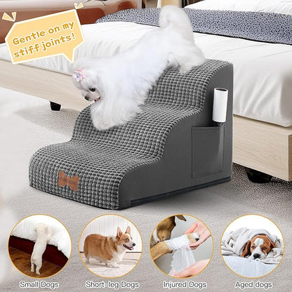 Dog Stairs for Small Dogs, Wide Pet Step with Removable Cover, No Assembly High Density Foam Cat Ramp for Bed or Sofa, 3-Step, Dark Grey