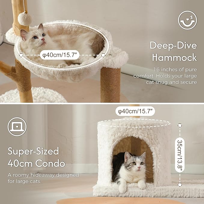Moewrista Modern Cat Tree with Hammock 48.5 Inches Cat Tower with Scratching Post,Featuring Real Wood Post,Large Rattan Basket, Spacious Flower Perch and Condo for Indoor Cat Large Adults-Beige