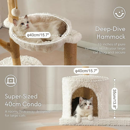 Moewrista Modern Cat Tree with Hammock 48.5 Inches Cat Tower with Scratching Post,Featuring Real Wood Post,Large Rattan Basket, Spacious Flower Perch and Condo for Indoor Cat Large Adults-Beige