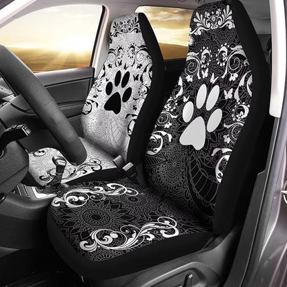 Car Front Seat Covers Full Set of 2, Boho Floral Paw Print Stretchy Waterproof Automotive Interior Accessories Universal Fit Most Vehicles
