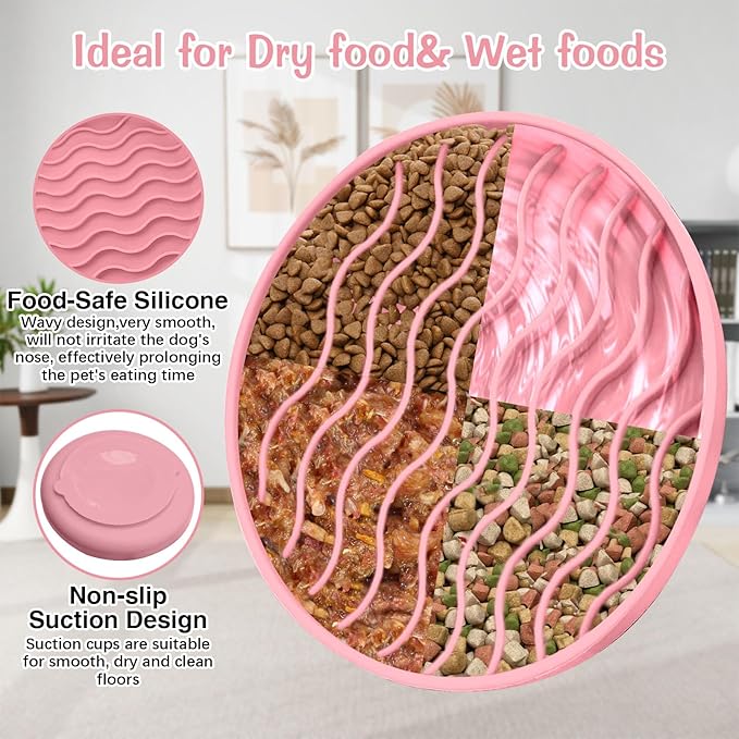 Fhiny Slow Feeder Dog Bowl, Silicone Dog Puzzle Bowl Slow Feeder Puppy Bowls Slow Eating Modern Lick Mat Design Dishwasher Microwave Fit for Fast Eaters, All Small Medium Dogs Puppy Doggy (Pink)