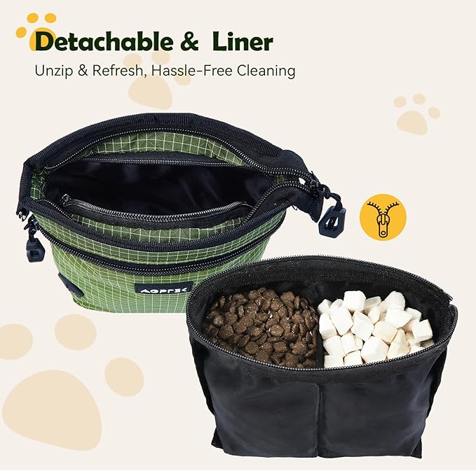 AGPTEK Dog Treat Pouch, Magnetic Dog Walking Pouch with Removable & Split Snack Bag, Water-Resistant Waist Pack with Poop Bag Dispenser & Hands-Free D-Ring for Training, Walking, Hiking, Run, Green