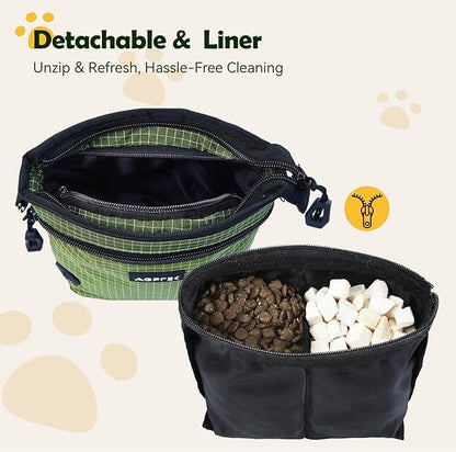 AGPTEK Dog Treat Pouch, Magnetic Dog Walking Pouch with Removable & Split Snack Bag, Water-Resistant Waist Pack with Poop Bag Dispenser & Hands-Free D-Ring for Training, Walking, Hiking, Run, Green