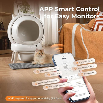 Automatic Cat Litter Box - E2 Self Cleaning Litter Box Smart Robot for Multiple Cats, APP Real-Time Monitor, Weight Monitoring, Safe Anti-Pinch Liners and Mat Included