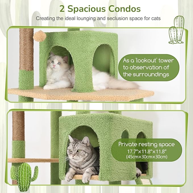 Globlazer Large Cactus Cat Tree Tower, 70in Tall Heavy Duty Green Cat Tree for Indoor Cats Sturdy Cat Tower with Scratching Post and Board, Hammock, Cat Condos for Adult Cats Kittens, F70 Pro, Green