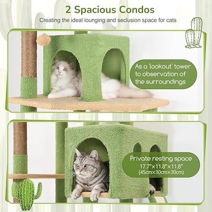 Globlazer Large Cactus Cat Tree Tower, 70in Tall Heavy Duty Green Cat Tree for Indoor Cats Sturdy Cat Tower with Scratching Post and Board, Hammock, Cat Condos for Adult Cats Kittens, F70 Pro, Green