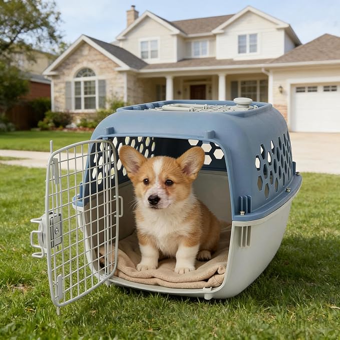 24 Inches Pet Kennel Carrier, Sturdy Portable 2-Door Top-Load Hard-Sided Pet Travel Carrier, Indoor & Travel Pet Cage, cat Kennel for Small Dogs & Cats, Blue and White