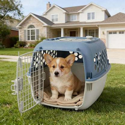 24 Inches Pet Kennel Carrier, Sturdy Portable 2-Door Top-Load Hard-Sided Pet Travel Carrier, Indoor & Travel Pet Cage, cat Kennel for Small Dogs & Cats, Blue and White