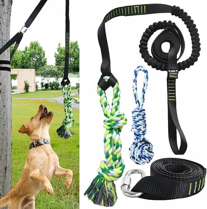 Dog Bungee Hanging Toy, Tree Tugger Rope Pulling Tug of War Toy for Aggressive Chewers Middle Large Dogs to Exercise Solo Play, Interactive Tether Tug Outdoor Dog Toy, 2 Chew Rope Toys