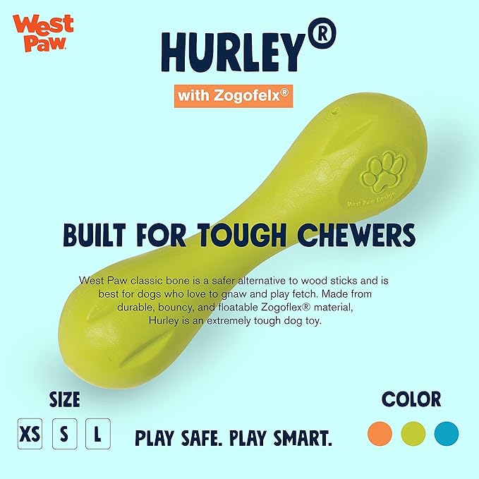 West Paw Zogoflex Hurley Dog Bone Chew Toy – Floatable Pet Toys for Aggressive Chewers, Catch, Fetch – Bright-Colored Bones for Dogs – Recyclable, Dishwasher-Safe, Non-Toxic, X-Small, Granny Smith