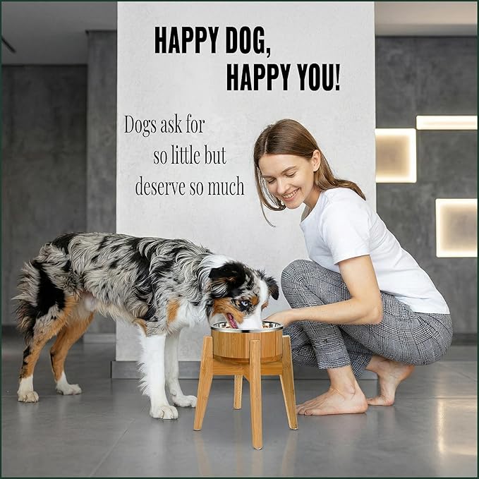 Elevated Dog Bowl for Mid-Large Breed, (12-Inch High) - Raised Food and Water Bowl with Stand, Flip-Resistant - Real Bamboo and Stainless Steel